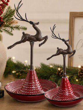 Set of 2 Red Deer Pedestal Bowls Rustic Christmas Table Decor NWT